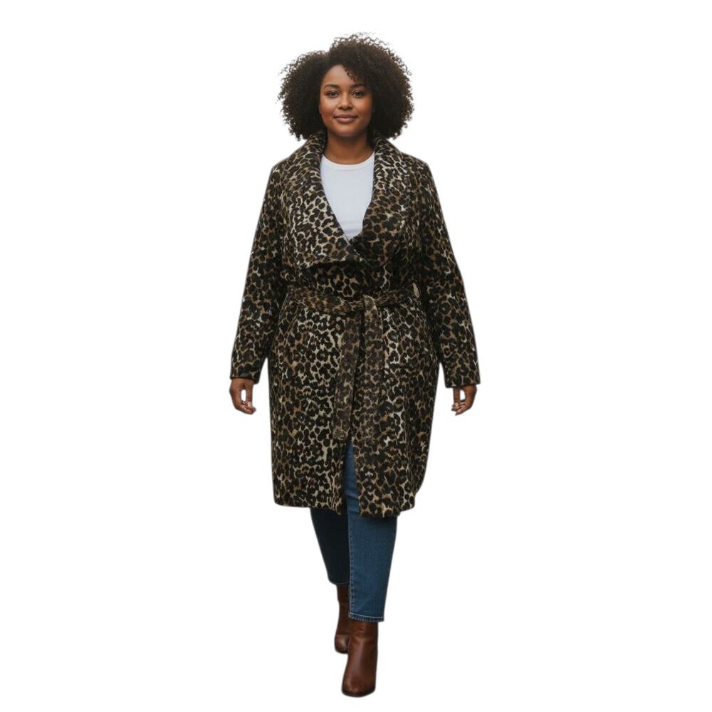 Fashion to Figure Womens Coat Size 0(XL) Leopard Belted Wrap Jacket Animal Print